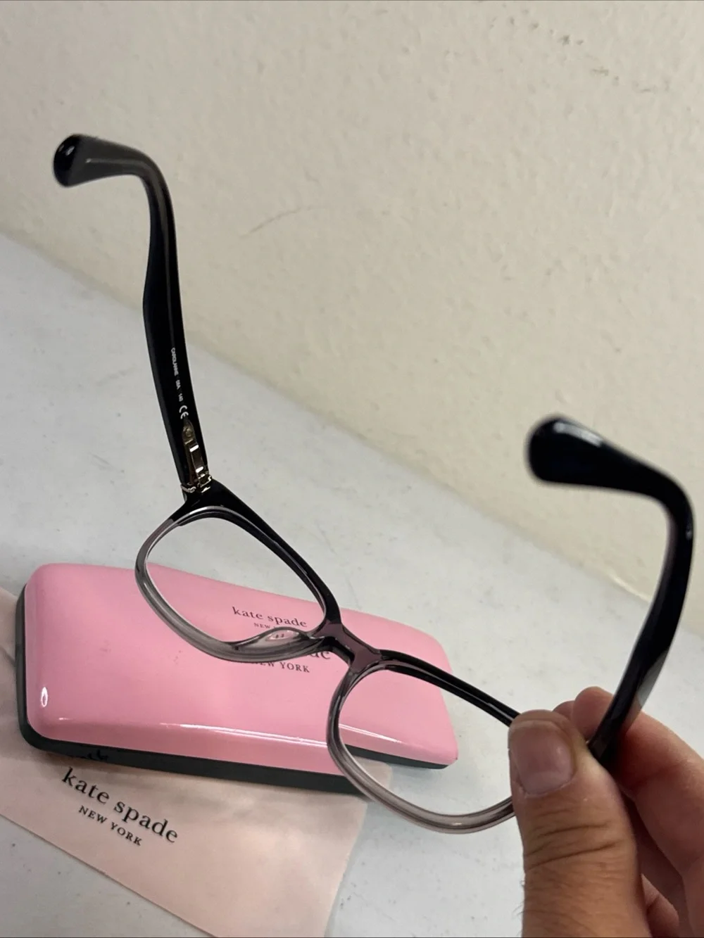 kate spade Black and Clear Cat-Eye Glasses with Pink Case